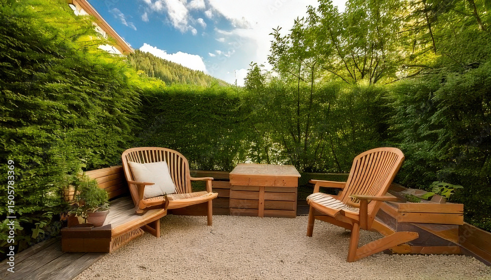 Relaxing outdoor corner featuring wooden furniture that harmonizes with lush greenery, perfect for enjoying nature tranquility Relaxing outdoor corner featuring wooden furniture that harmonizes with lush greenery, perfect for enjoying nature tranquility
