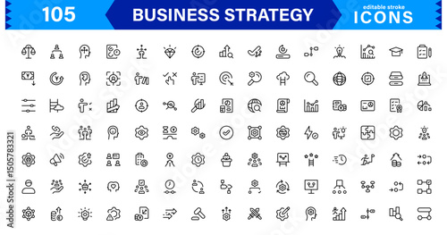 Professional Business Strategy Icon Set Featuring Planning, Analysis, Goals, Innovation, and Growth in a Clean Minimal Vector Style