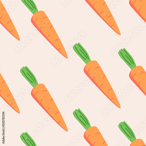 Carrots, seamless pattern. Endless vegetarian print, background design. Healthy vitamin food, repeating texture.