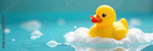 A bright yellow rubber ducky sits in a bubble bath, surrounded by foam and water droplets Perfect for relaxation, bath time, and childhood themes A cheerful and playful image , cute, playful