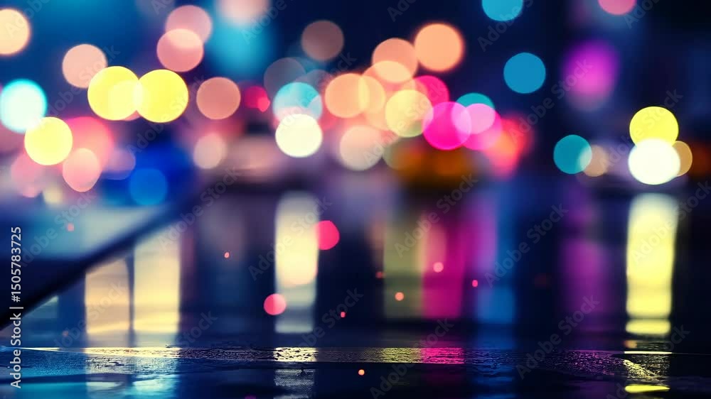 Vibrant urban night bokeh with colorful lights reflecting on wet city streets