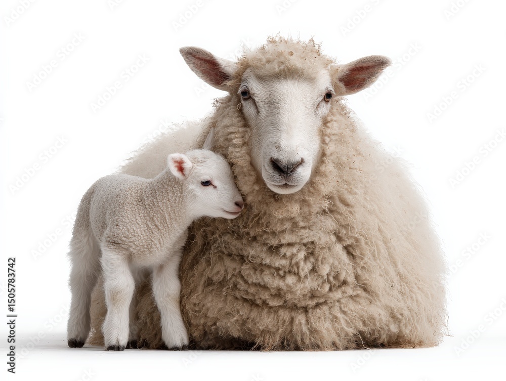 Obraz premium Adorable lamb nuzzles its mother sheep. A heartwarming scene of fluffy white sheep against a clean white background.