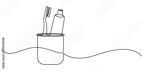 Toothbrush and toothpaste are in  a glass continuous one line art drawing, Single continuous line drawing several toothbrushes in glass. Dental care equipment at home. Brushing teeth. Teeth care.