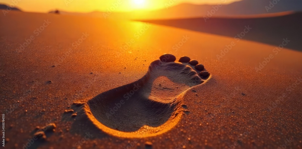 Obraz premium A striking silhouette of a footprint in the sand at sunset, casting a long shadow Perfect for themes of travel, adventure, exploration, and the environment , shadow, journey