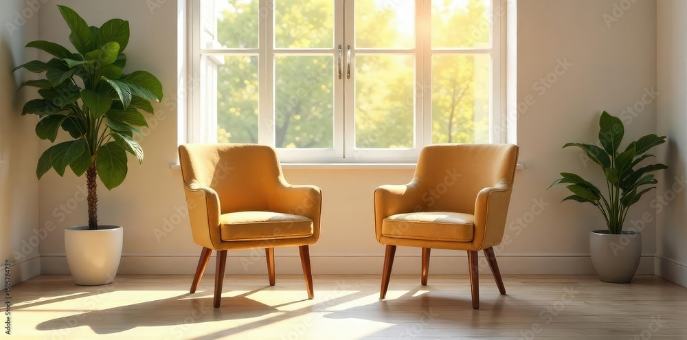 A supportive and calm environment for couples working through relationship challenges, symbolized by two empty chairs facing each other in a sunlit room , advice, sun A supportive and calm environment for couples working through relationship challenges, symbolized by two empty chairs facing each other in a sunlit room , advice, sun