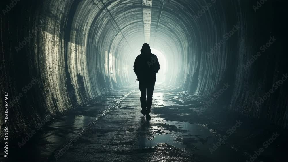 Mysterious figure walks through dark underground tunnel illuminated by faint light