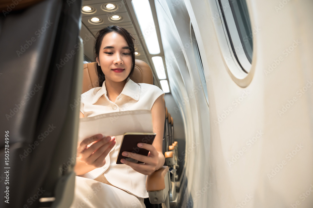 Fototapeta premium Asian female traveler siting at window seat on commercial airplane