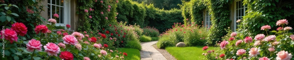 Fototapeta premium Charming English cottage garden overflowing with vibrant blooms, rambling roses, and lush greenery Perfect for idyllic home, gardening, and nature themes , green, rural