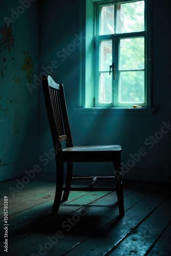 Close-up of an empty chair in a dimly lit room, symbolizing solitude and isolation, a feeling of profound loneliness , melancholy, somber atmosphere, still