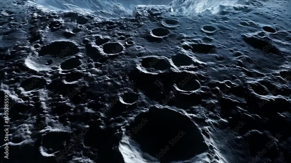 Detailed surface of a dark, cratered planet or moon, with a dramatic impact in the background, creating a science fiction landscape
