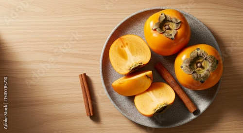 Fresh whole and sliced persimmons with cinnamon sticks on ceramic plate over wooden table