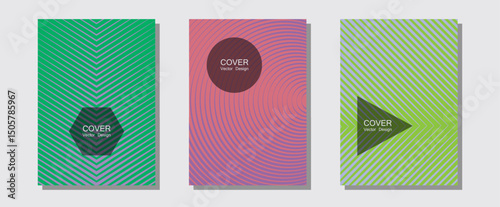 Banner graphics cool vector templates set. Trendy magazines. Halftone lines m...