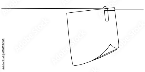 Continuous one line drawing of empty note paper with paperclip. To do note paper in single line draw illustration. Editable stroke, Paper note with clip in flat style. Note paper pieces pro vector.