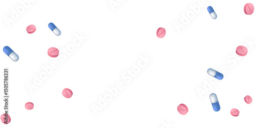 Ibuprofen pills medical vector illustration. Capsule drugs and tablets disease prescription elements. Blue white and pink  capsules, first aid treatment or vitamins. Painkiller tablets concept.