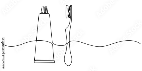 Continuous one line drawing of brush with toothpaste. Vector illustration, Single line drawing illustration of Tooth paste with brush. Branding oral care products concept vector art. Doodle line. 