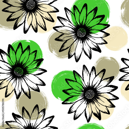 African daisy rustic vector repeat rapport. Osteospermum bloom over circles b...