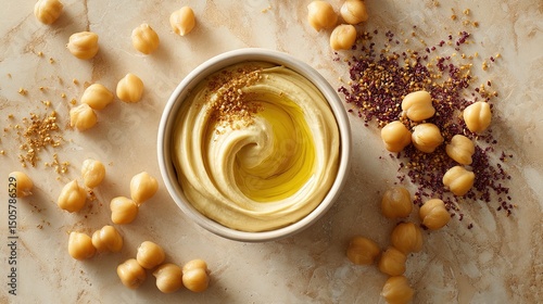 Creamy hummus swirled with olive oil, chickpeas and cumin in bowl, artistic food styling