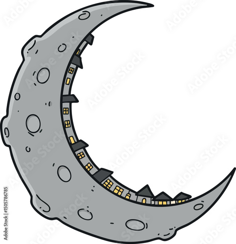 Crescent moon shaped village with lit windows and detailed craters vector illustration 