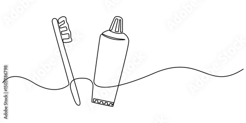 Continuous one line drawing of brush with toothpaste. Vector illustration, Single line drawing illustration of Tooth paste with brush. Branding oral care products concept vector art. Doodle line. 