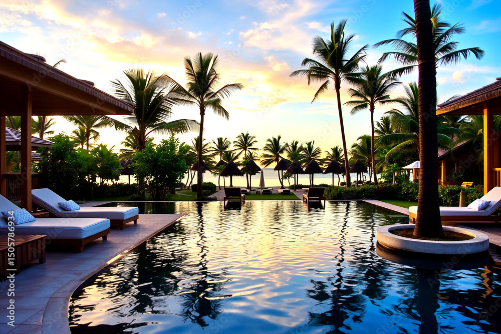 Fototapeta premium Serene Tropical Oasis with Infinity Pool at Sunset