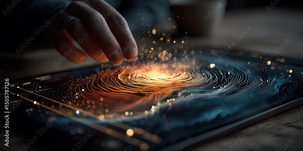 Obraz premium A hand moves across a futuristic tablet interface displaying swirling galaxies, planets, and glowing orbits in vivid detail. 