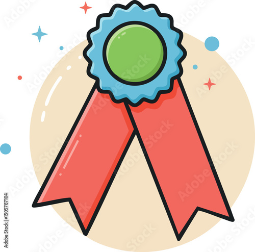 Award ribbon with green center and red tails in simple vector style for recognition and achievement 