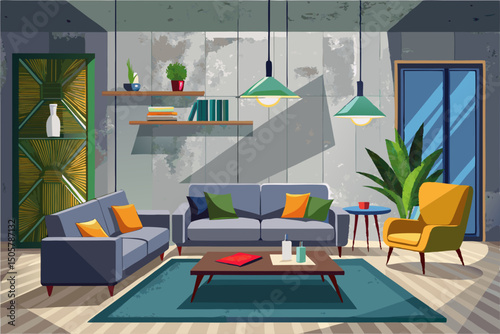 vector of A modern contemporary living room with concrete walls, designer furniture and soft lighting