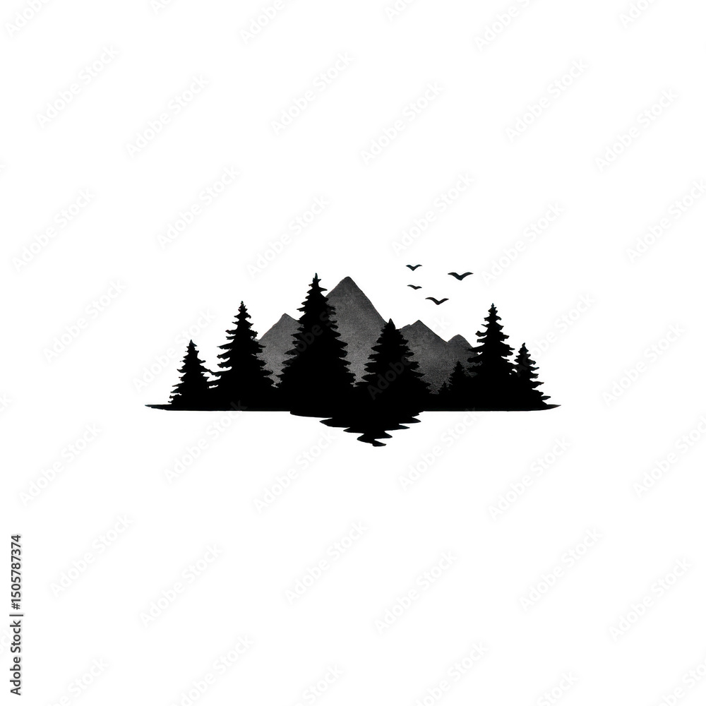 Obraz premium Minimalist black and white illustration of mountain range with pine trees and birds flying above, evoking sense of tranquility and nature