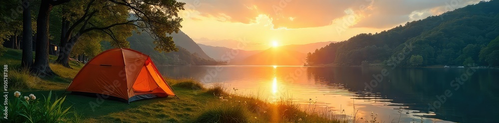 Obraz premium Serene sunrise over a tranquil camping site nestled amongst lush green trees and a sparkling lake Perfect for relaxation and outdoor adventures , tranquility, scenic