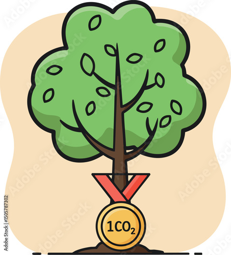 Tree with carbon dioxide medal symbolizing environmental achievement and sustainability concept vector illustration 