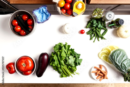 Vibrant kitchen countertop with fresh vegetables and cooking essentials for healthy meal prep