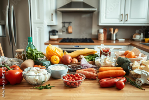 Vibrant Kitchen Countertop Abundance of Fresh Vegetables and Ingredients for Healthy Cooking