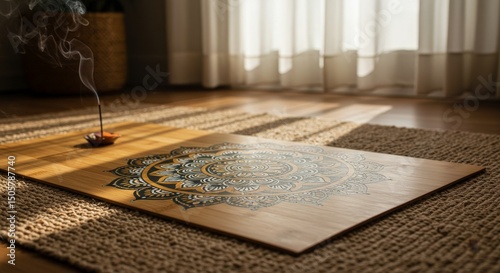 Incense stick burning beside a decorative mandala board in a peaceful sunlit room