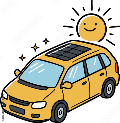 Yellow eco friendly solar powered car with smiling sun vector illustration 