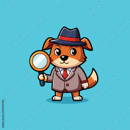 Cute dog detective with a magnifying  glass cartoon vector illustration