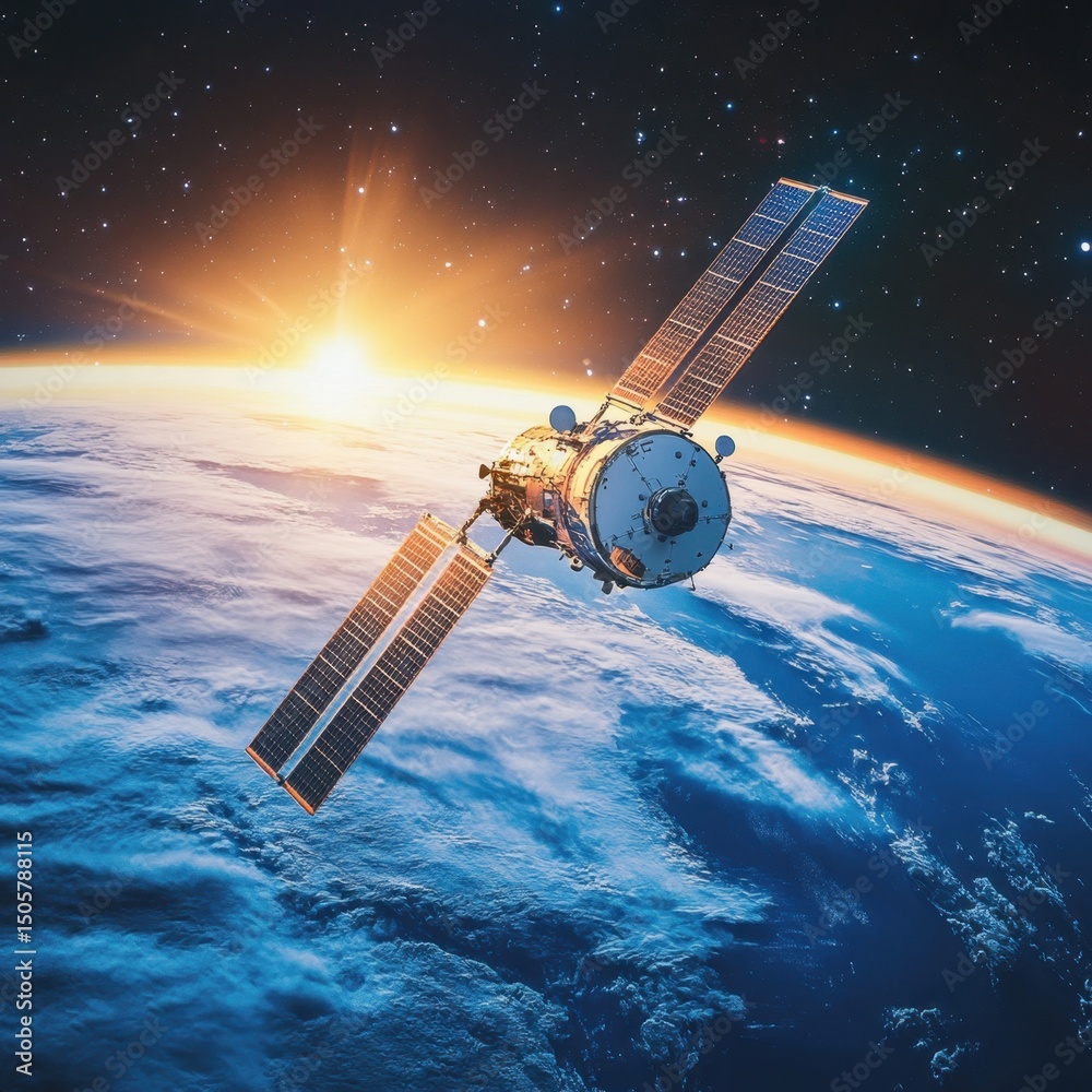 Obraz premium Satellite Orbiting Earth During Sunrise in Outer Space