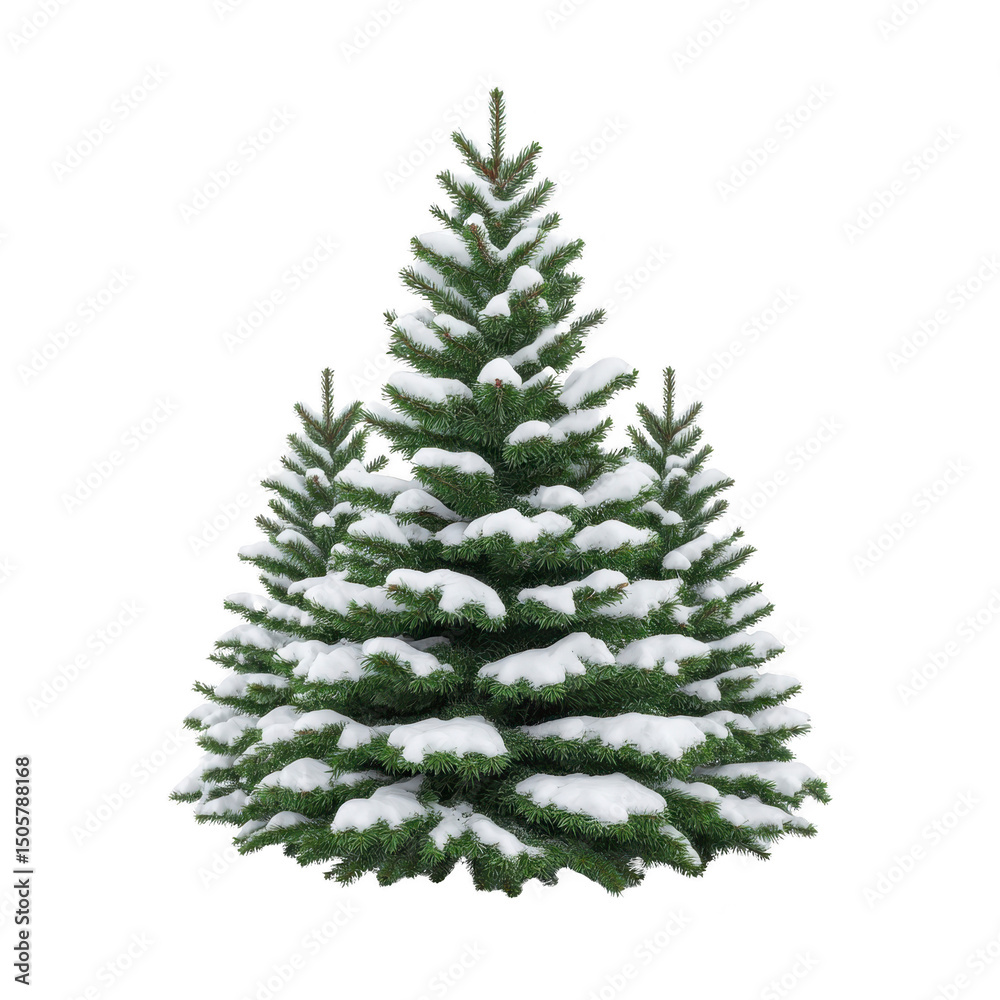 Fototapeta premium Snow covered evergreen tree stands tall, its branches laden with fresh white snow, evoking serene winter atmosphere. lush green needles contrast beautifully with snow, creating classic winter