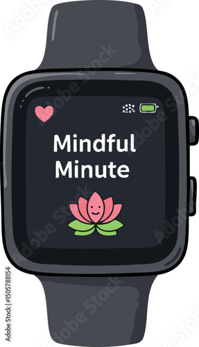 Smartwatch displaying mindful minute meditation app with lotus flower icon vector illustration 