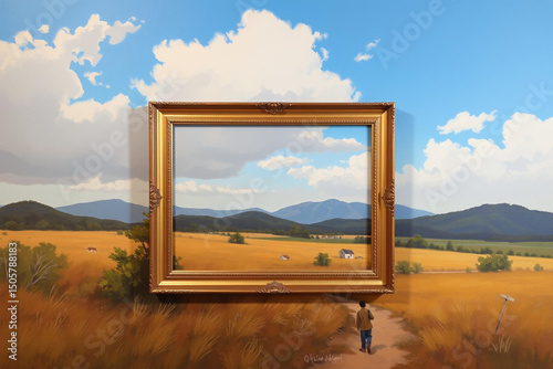 A man stands before a surreal framed landscape of golden fields and distant mountains