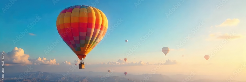 Obraz premium A vibrant, colorful hot air balloon soaring freely in a vast, open sky, symbolizing liberation and limitless possibilities Perfect for concepts of adventure, travel, and escape , outdoor, freedom