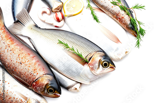 Fresh Fish Selection with Herbs and Lemon on White Background