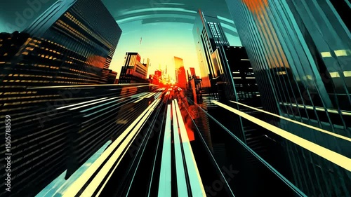Dynamic cityscape at sunset, speeding through streets with vibrant light trails
