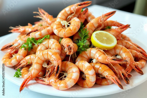 A Delicious Plate of Succulent Shrimp with Fresh Lemon and Herbs