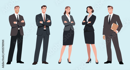 Group of professional business people standing confidently in formal suits, smiling team of diverse male and female office workers