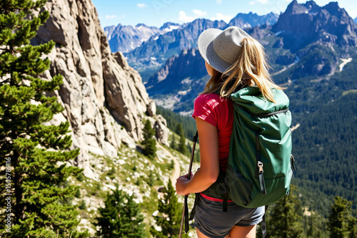 Hiker gazes out at breathtaking mountain landscape with backpack and trekking poles