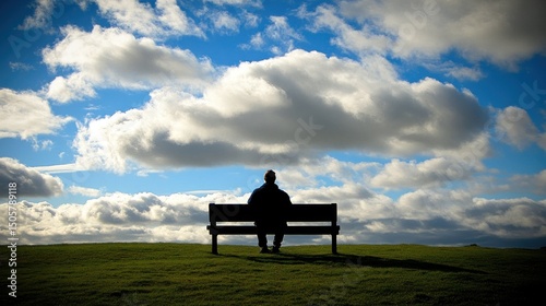 Silhouetted person sits on park bench, gazing at clouds.