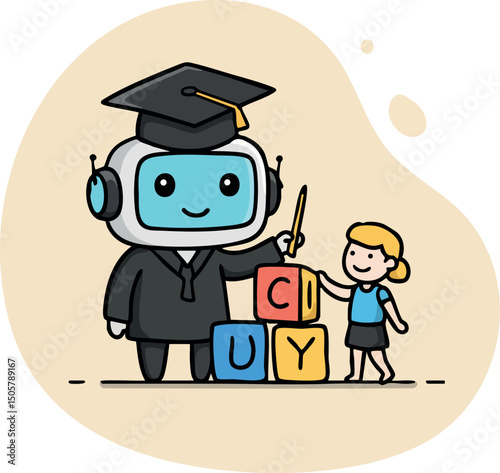 Robot teacher with graduation cap tutoring child with colorful blocks education concept vector illustration 