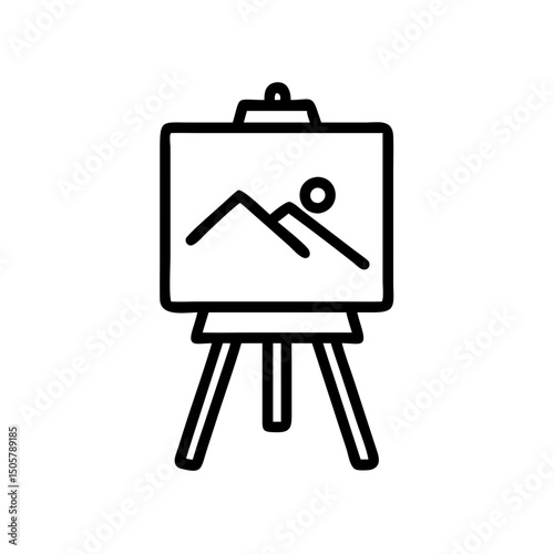 Clean and simple black line art vector illustration of an art easel with a framed picture, featuring a mountain and sun icon