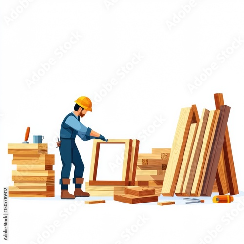 Carpenter in safety helmet adjusting wooden frame with stacks of timber and tools around