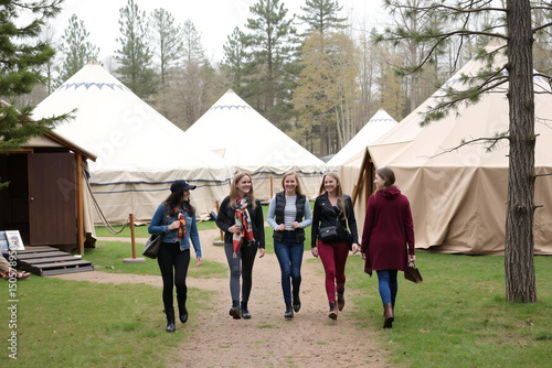 Women Strolling Through a Serene Glamping Site Amidst Nature